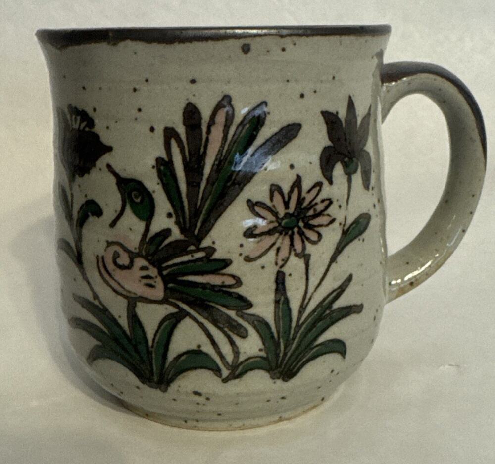 Vintage Large Stoneware Pottery Clay Coffee Mug Cup Gray Speckled Floral Design